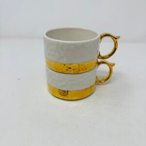 Anthropologie Cream Gold Bottom Low Profile Coffee Tea Mugs Stackable Set of 2
